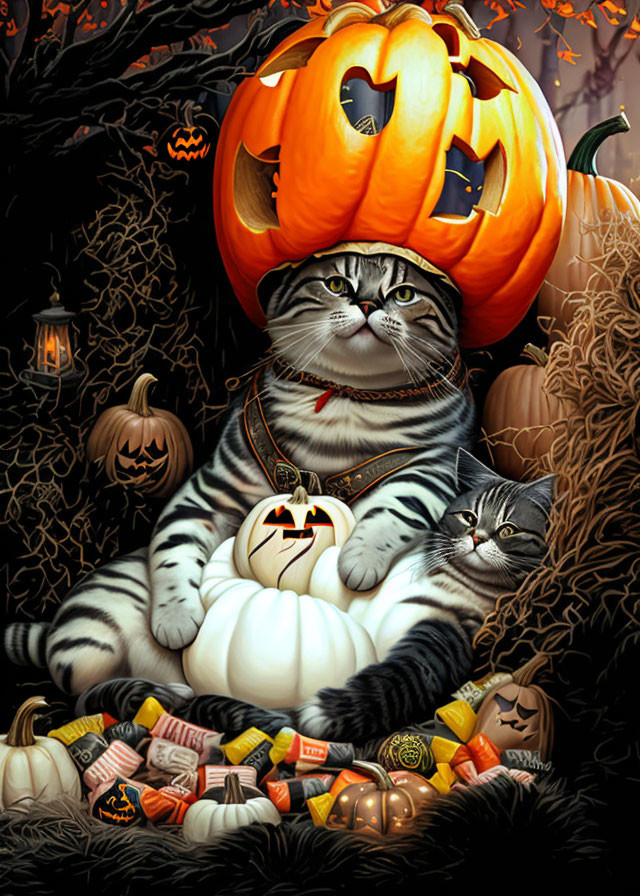 Two Striped Cats in Halloween Scene with Pumpkins and Candy