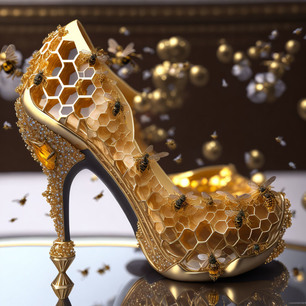 Honeycomb Design High-Heeled Shoe with Crystals and 3D Bees