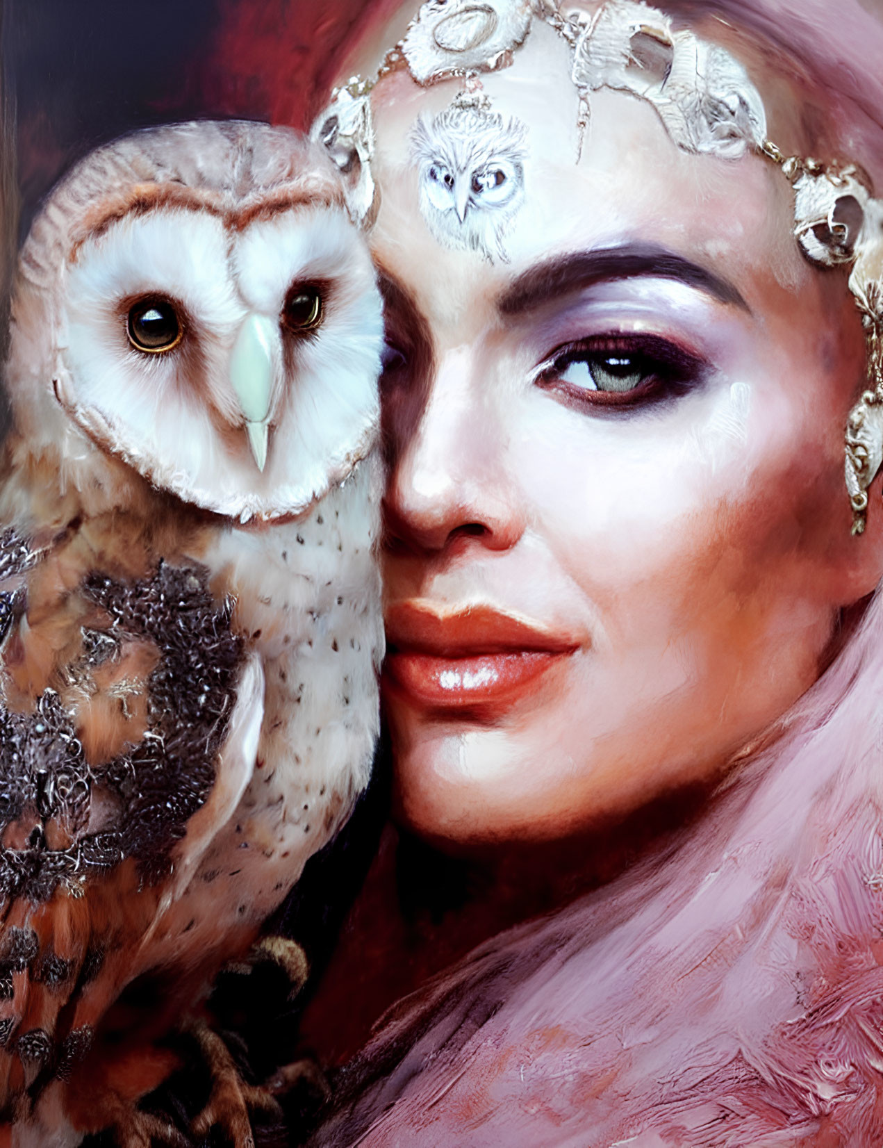 Surreal portrait of woman with owl wearing silver jewelry