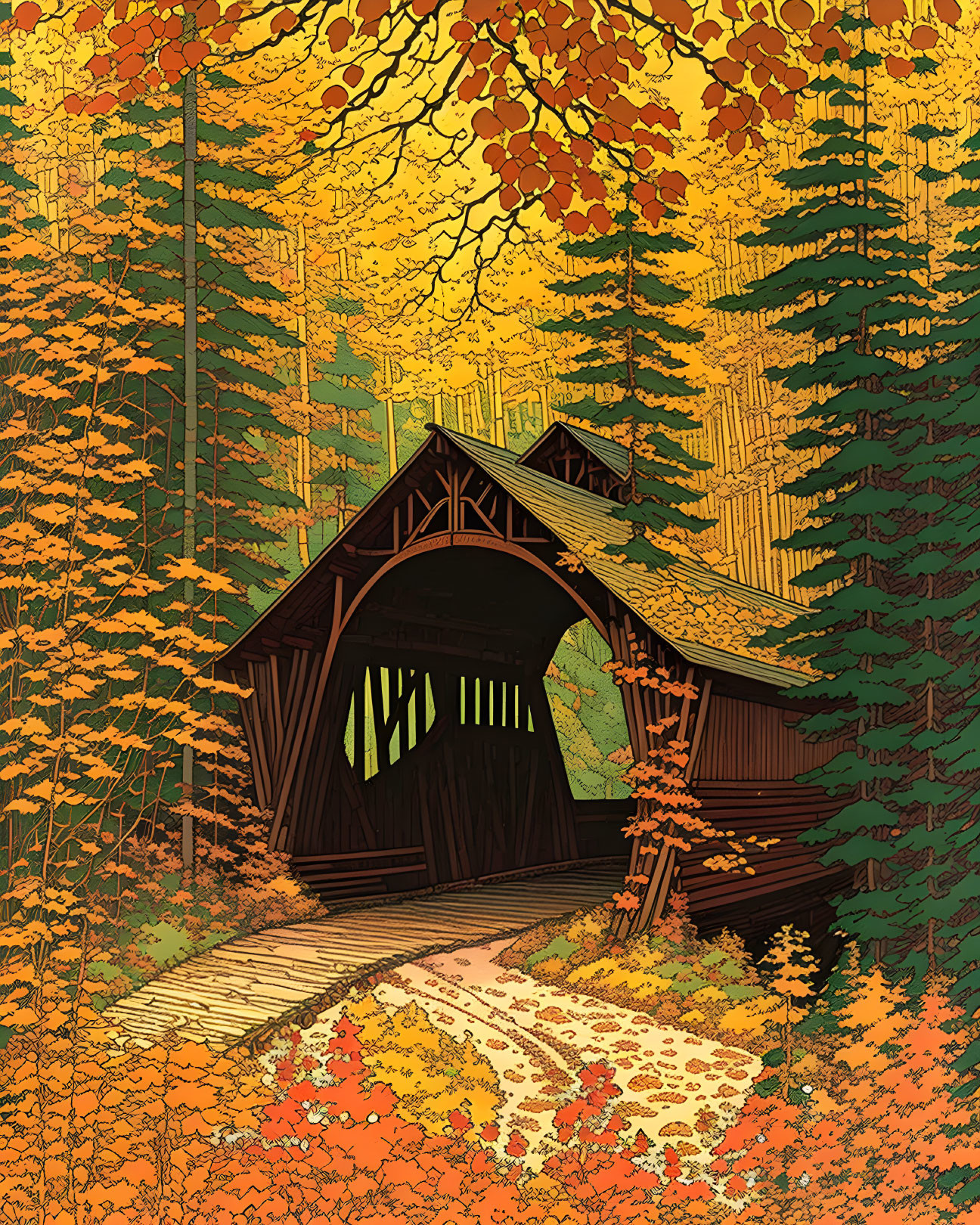 Illustrated wooden covered bridge in vibrant autumn foliage