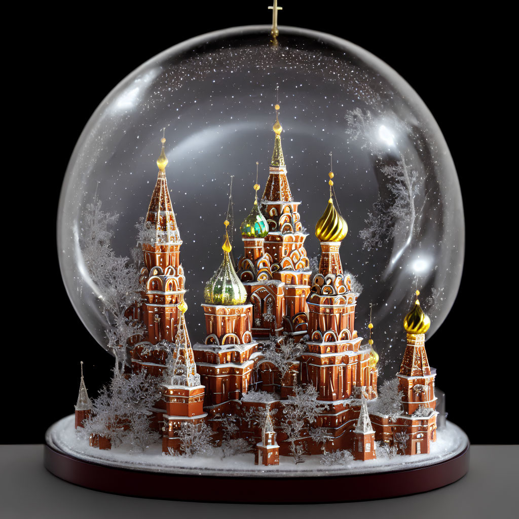 Snow globe with Moscow's Saint Basil's Cathedral model and falling snowflakes