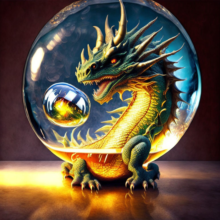 Golden dragon with intricate scales in transparent orb emitting warm glow