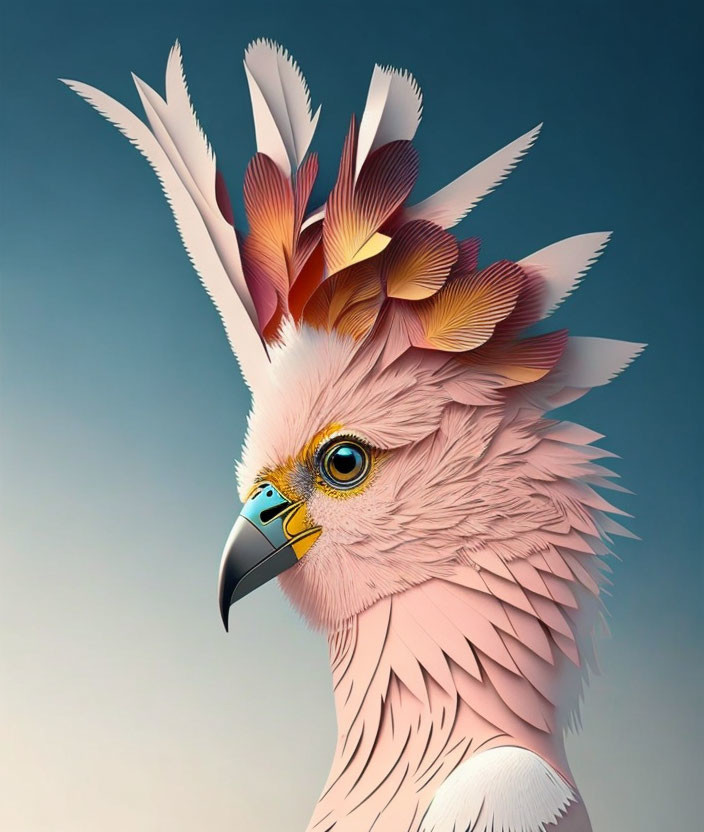 Detailed bird illustration in vibrant pink and yellow feathers.