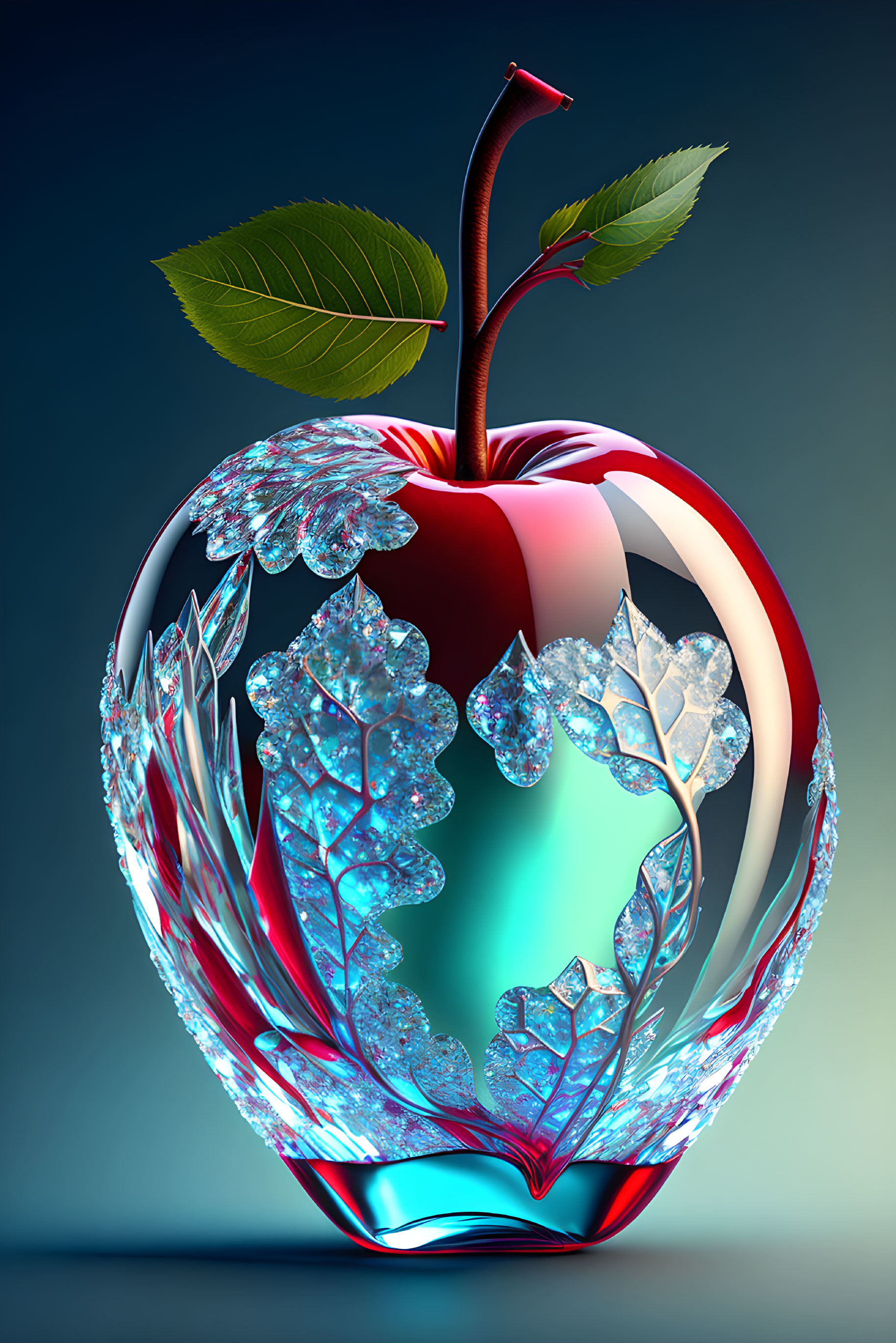 Digital Artwork: Red Apple with Crystal Leaf Core on Blue Gradient