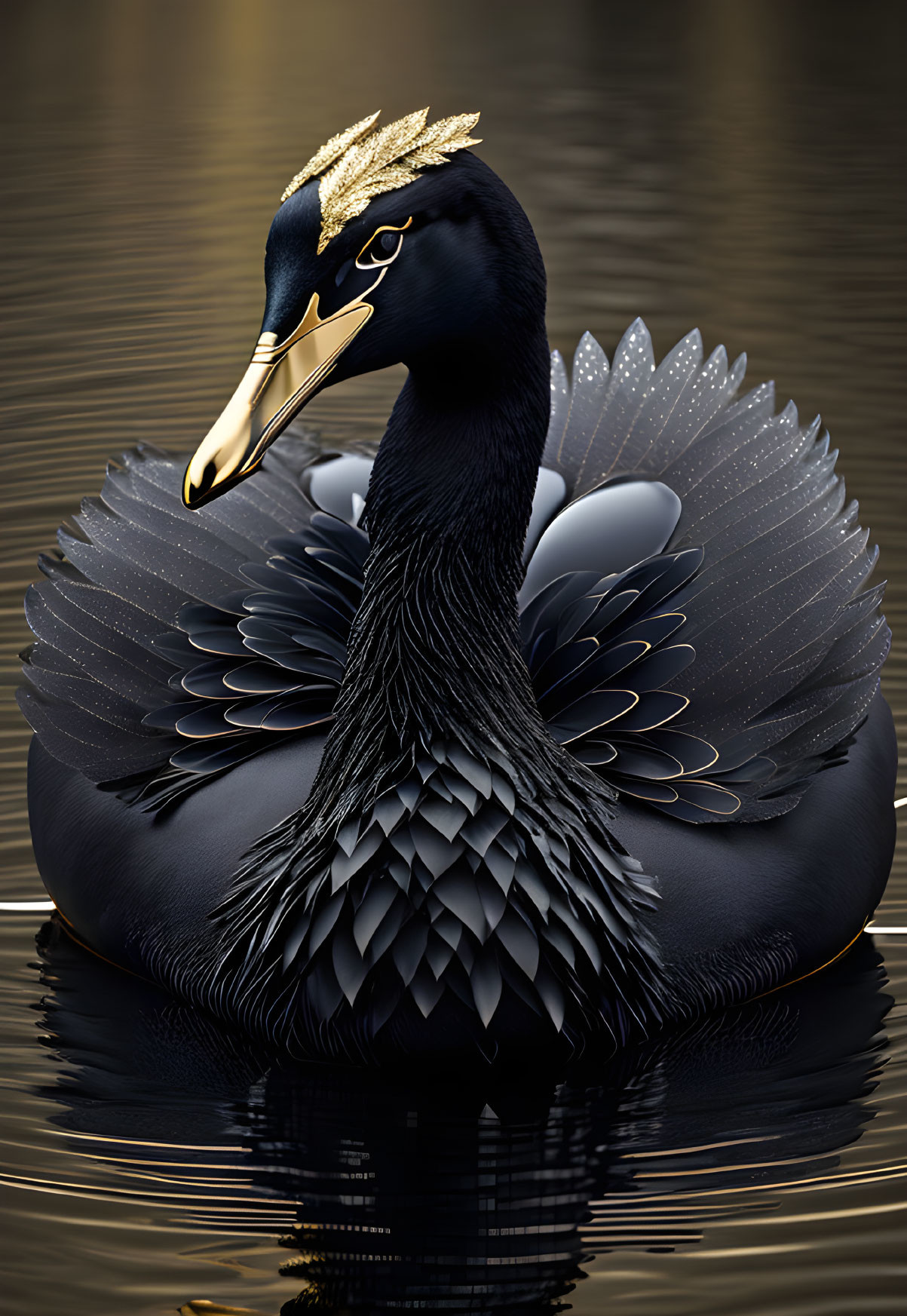 Digital illustration: Black swan with golden accents on reflective water