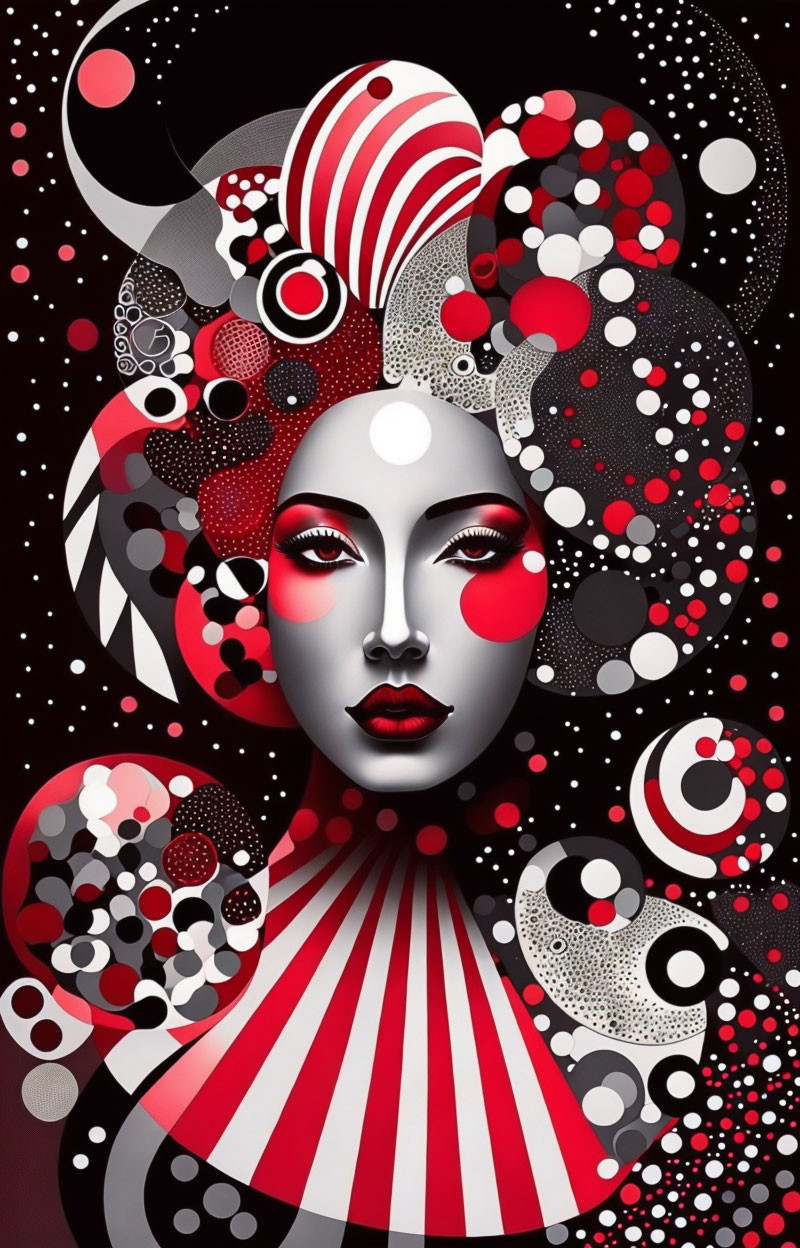 Abstract artistic image of stylized female figure with red and white headdress and circle pattern
