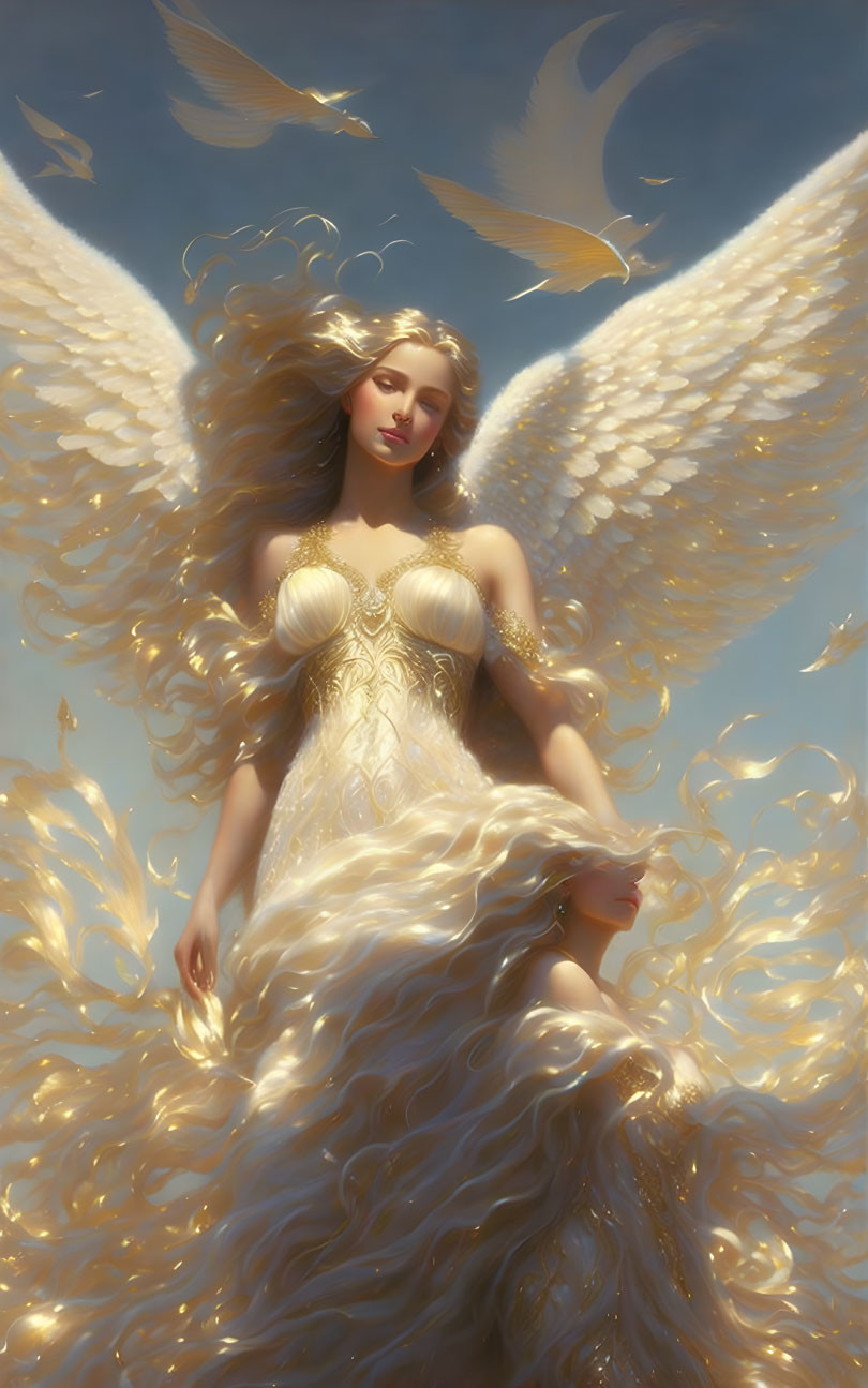 Majestic angel with white wings and golden hair surrounded by glowing birds