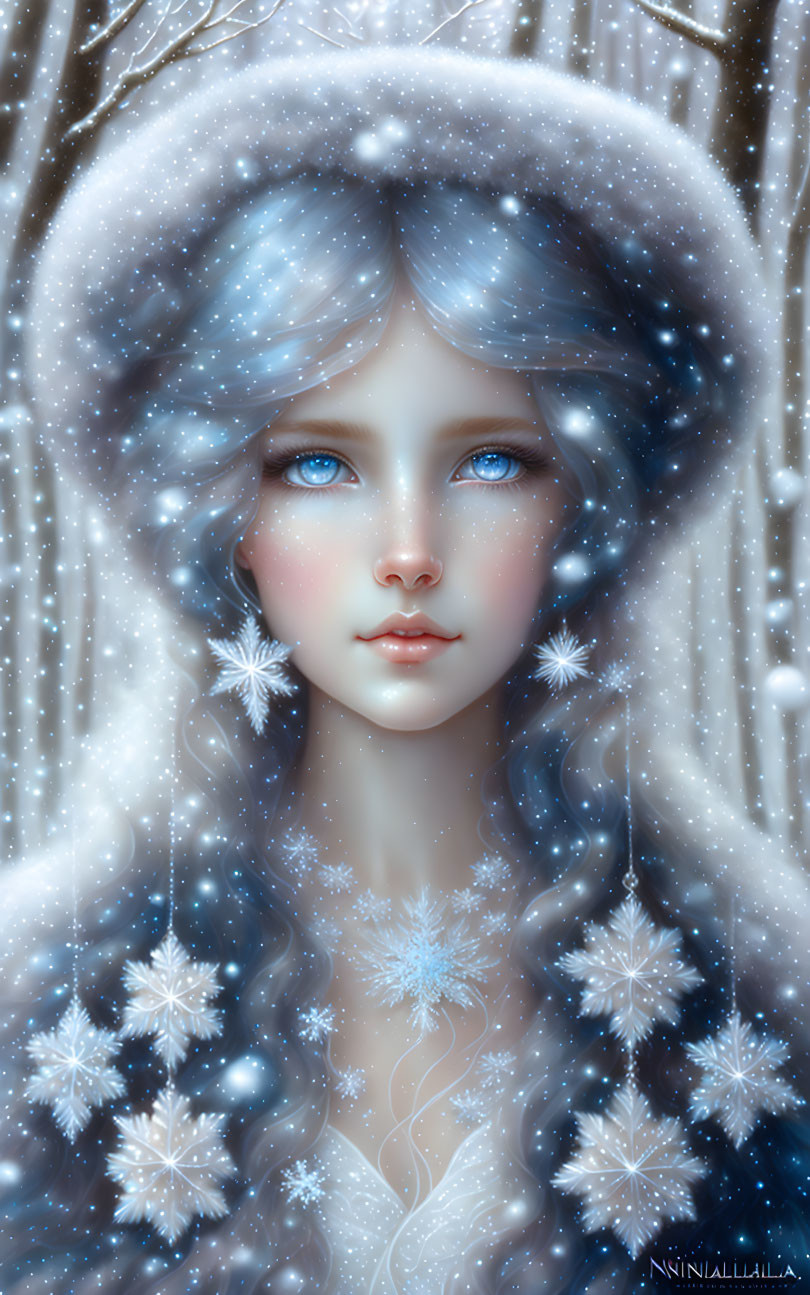 Ethereal woman with blue eyes in snowfall portrait