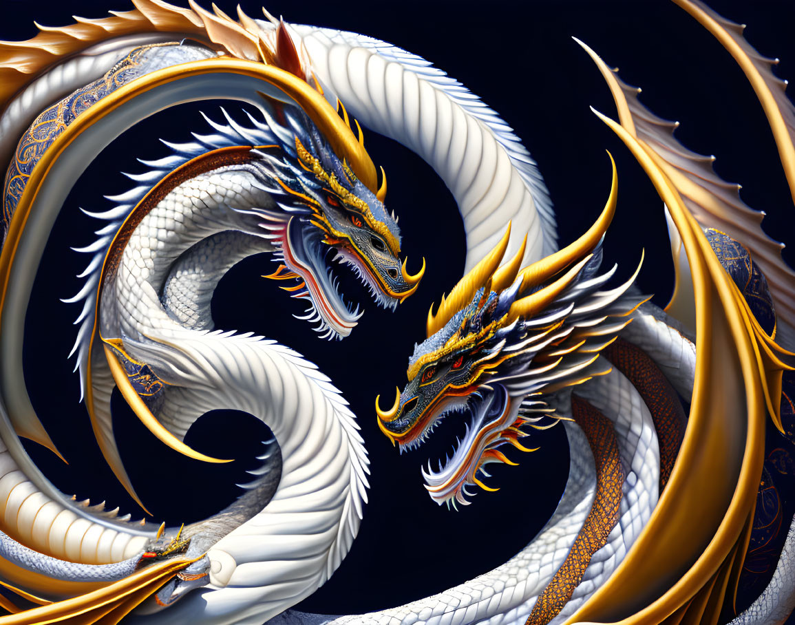 Detailed Golden-Horned White Dragons Entwined on Dark Background