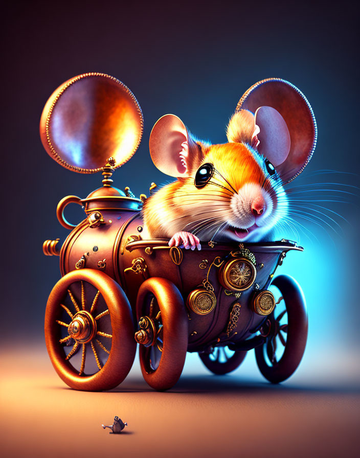 Steampunk-style teapot vehicle with anthropomorphic mouse pilot