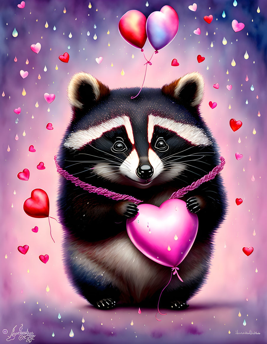 Illustration of raccoon with heart balloon in pink & purple setting