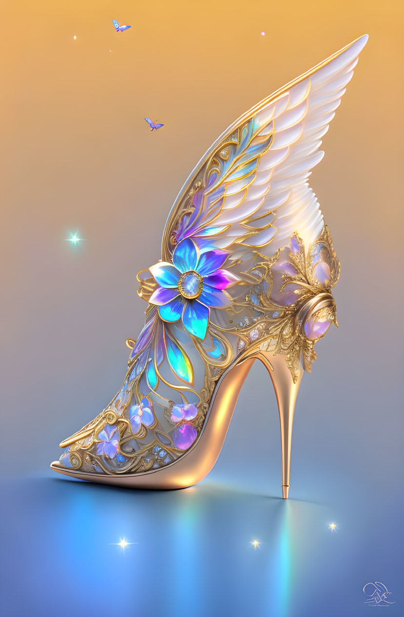 Winged high-heeled shoe with gold filigree and blue flowers on orange background