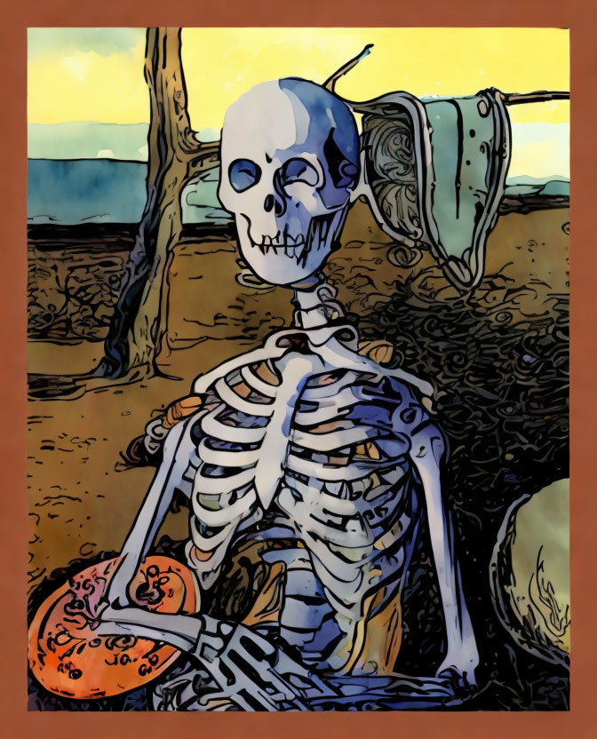 Skeleton seated in desolate landscape at sunset.