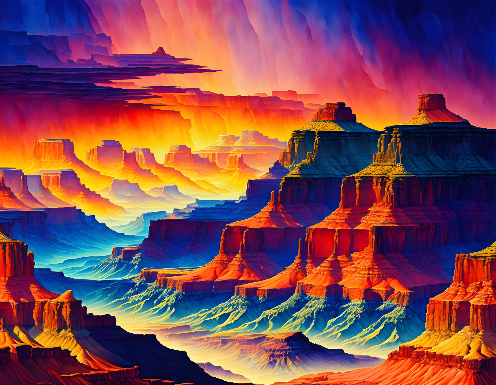 Surreal landscape with layered mesas and vibrant patterns