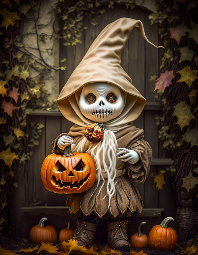 Pumpkin-headed figure in brown robe with jack-o'-lantern.