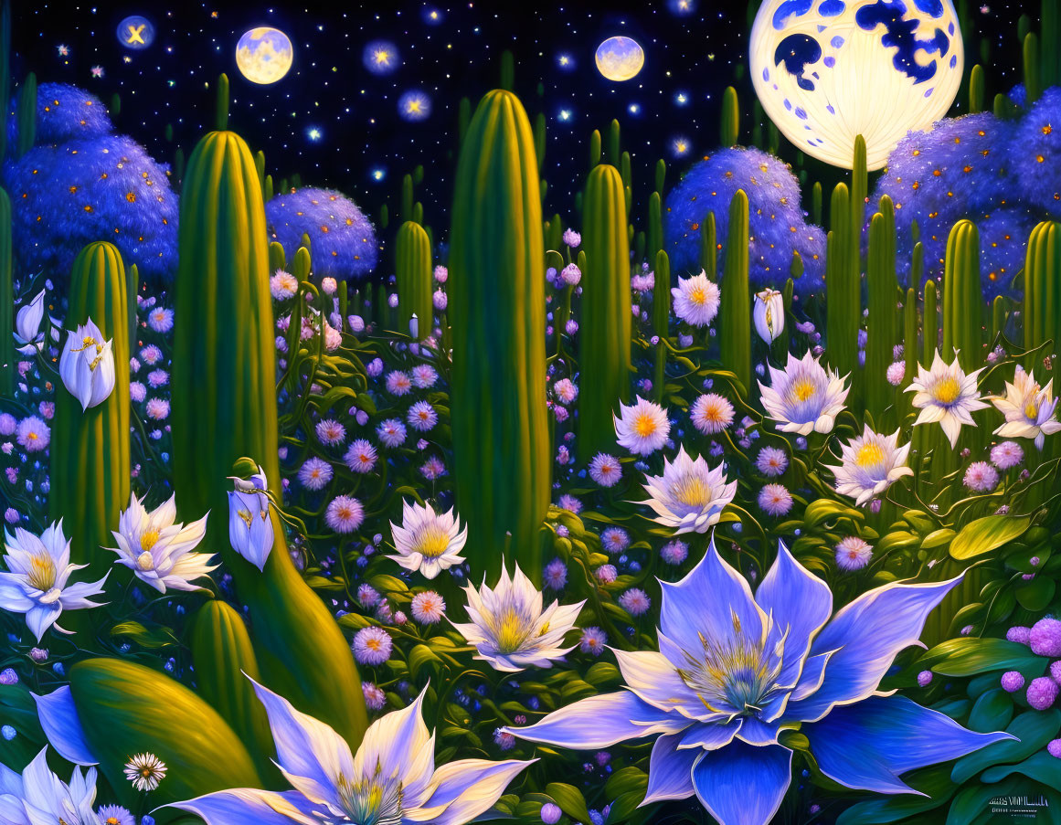 Fantastical night garden with luminous flowers, cacti, and multiple moons