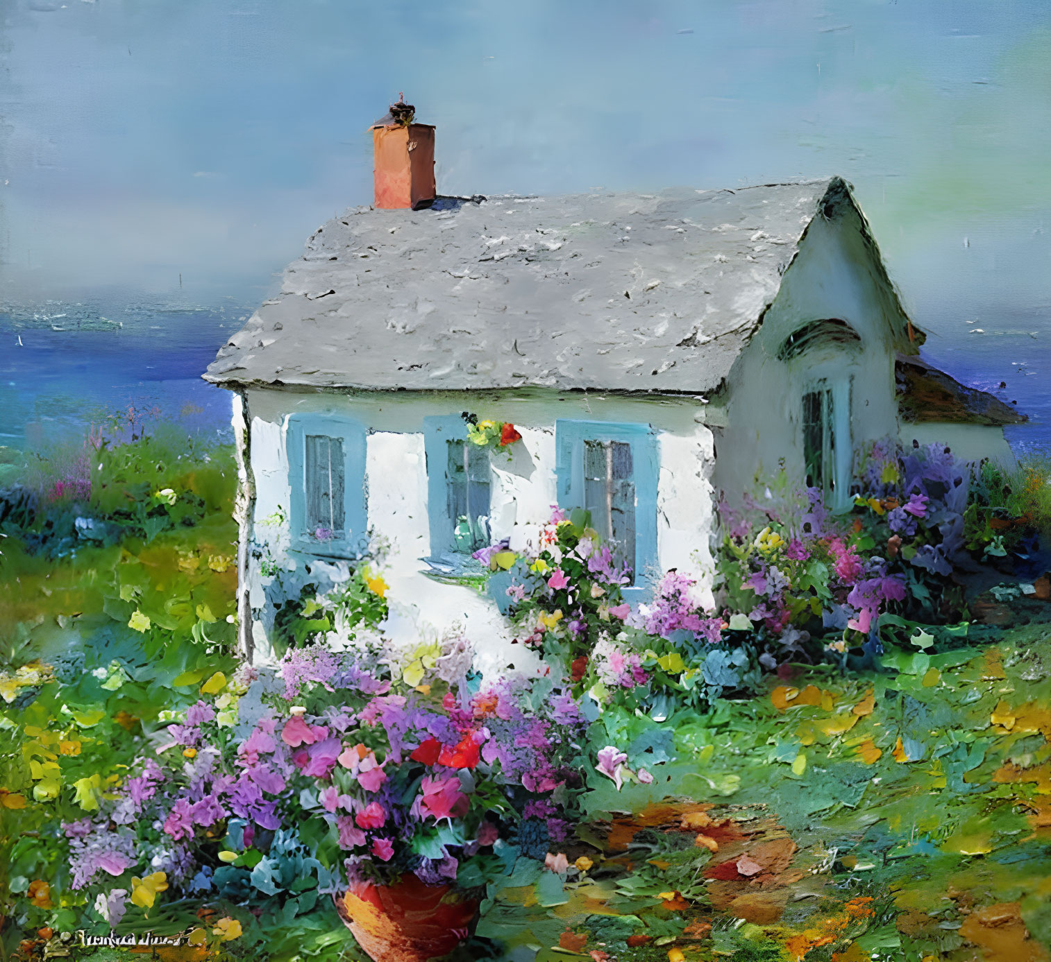 White Cottage with Red Chimney Surrounded by Wildflowers in Vibrant Painting