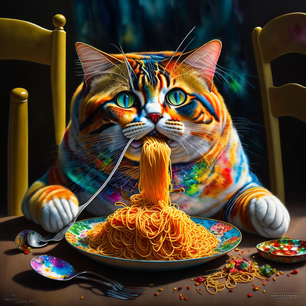 Exaggerated features cat twirls spaghetti at dinner table