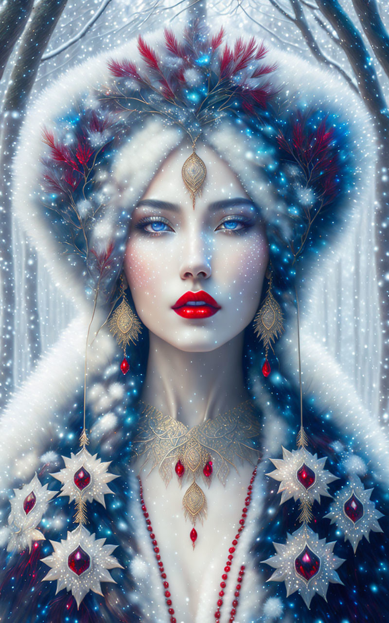 Fantasy portrait of woman in white and gold attire against snowy forest.