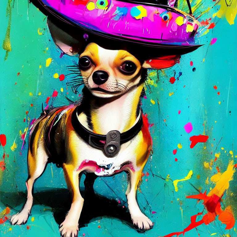 Vibrant Chihuahua Artwork with Sombrero on Painted Background