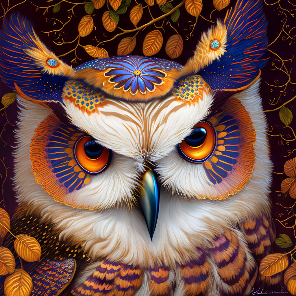 Vibrant Owl Illustration with Autumn Leaves and Intricate Patterns