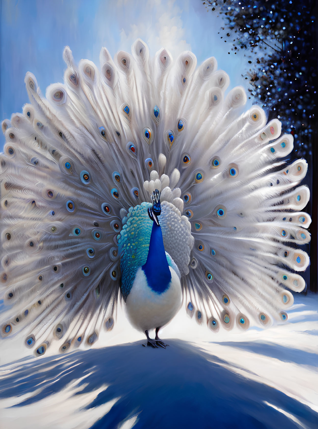 Colorful peacock with vibrant eyespots in snowy landscape