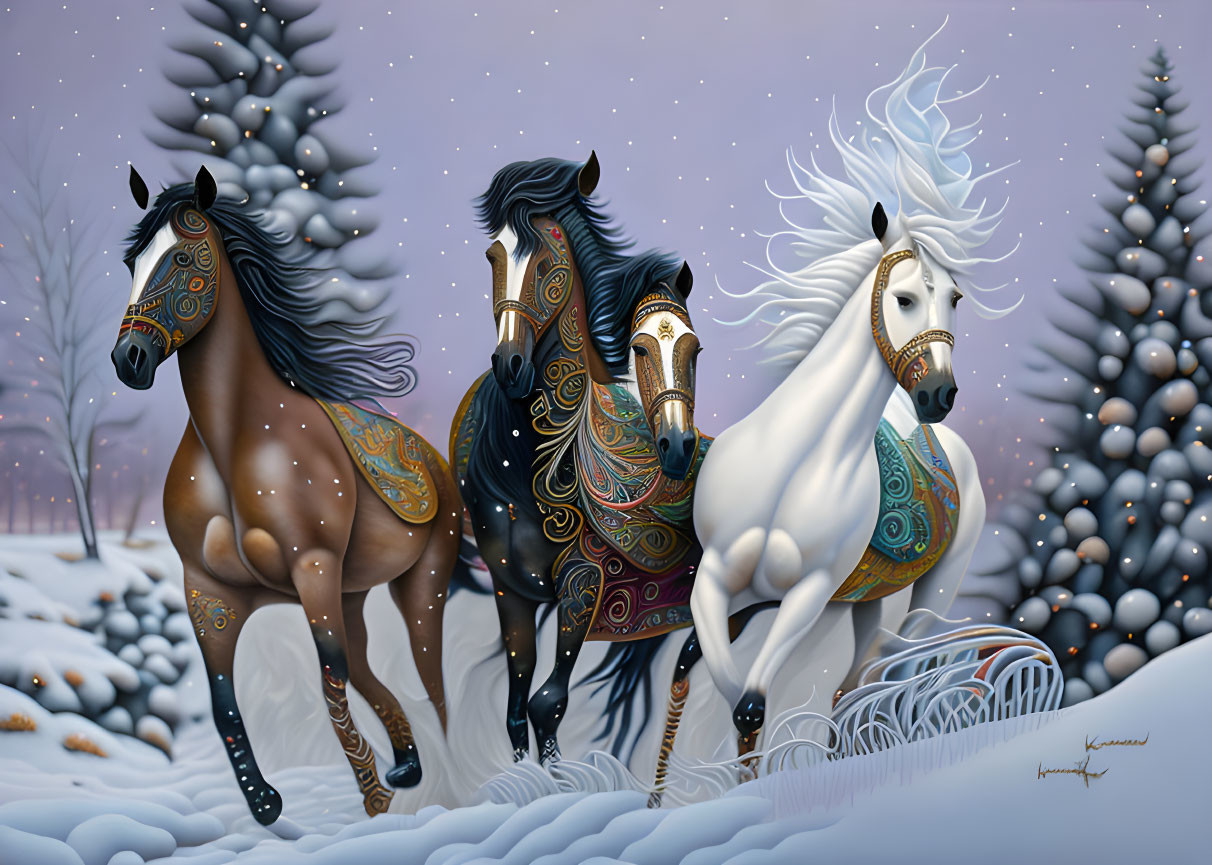 Ornate horses gallop in snowy twilight landscape