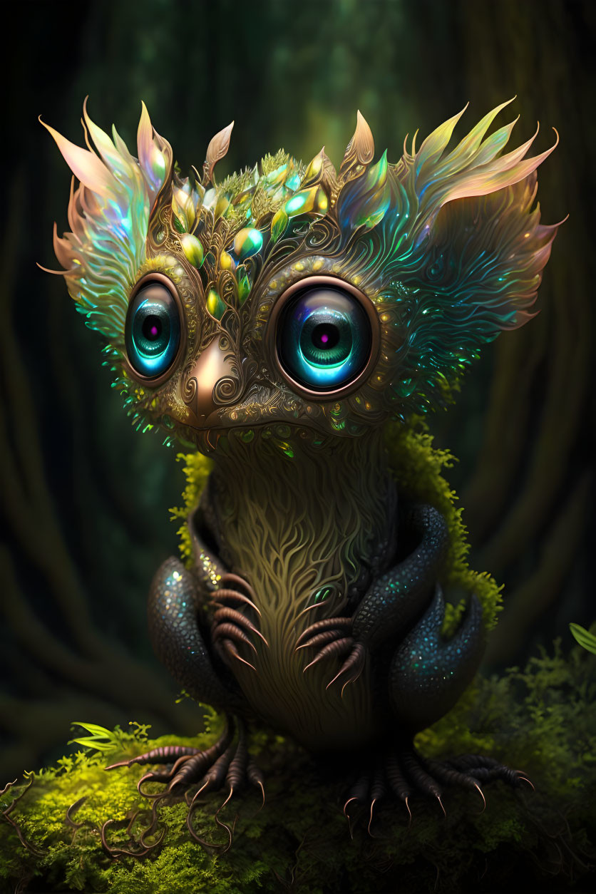 Feathered fantasy creature with large, expressive eyes in mystical forest