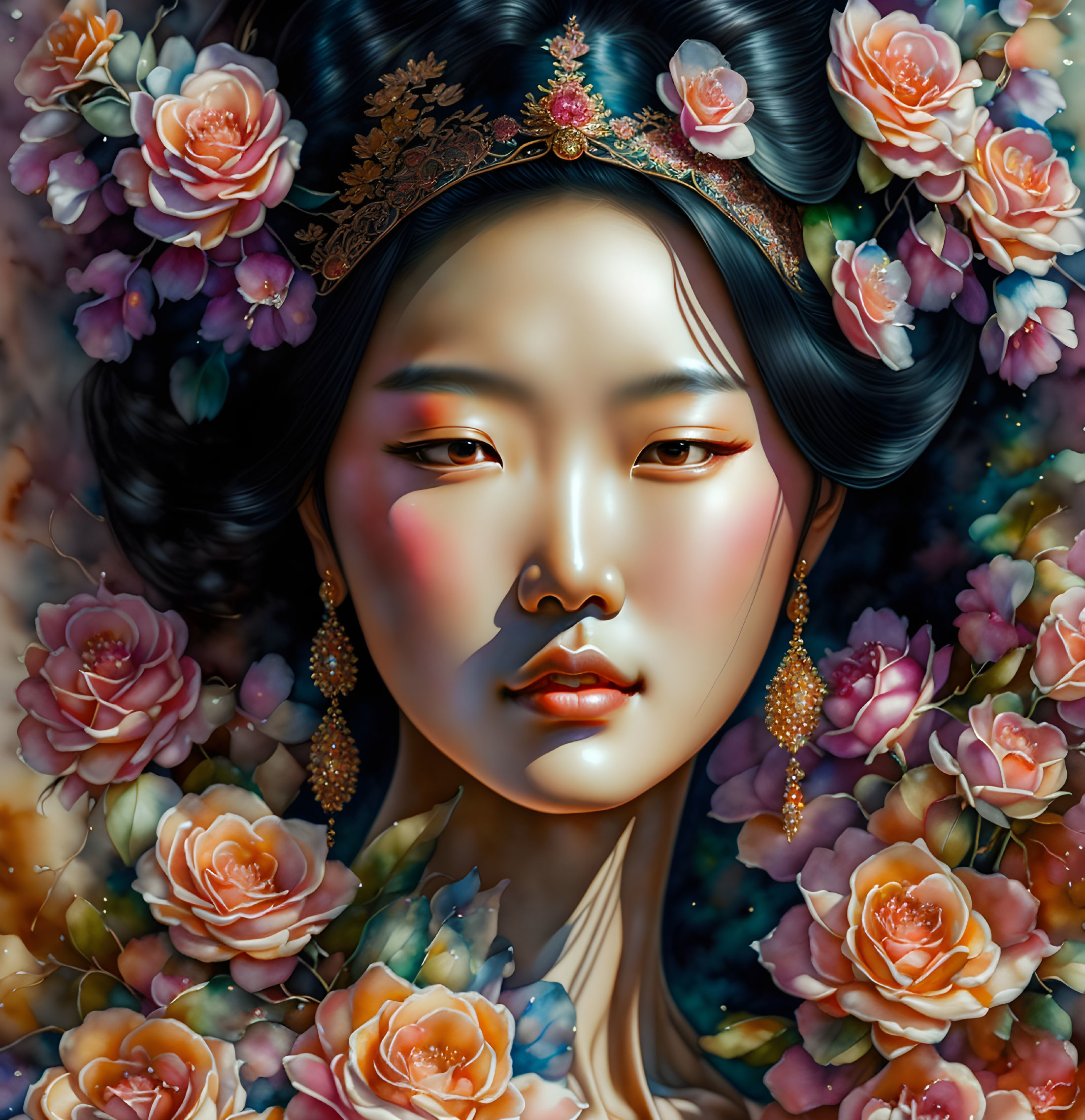 Digital artwork: Woman with East Asian features among pink and orange roses