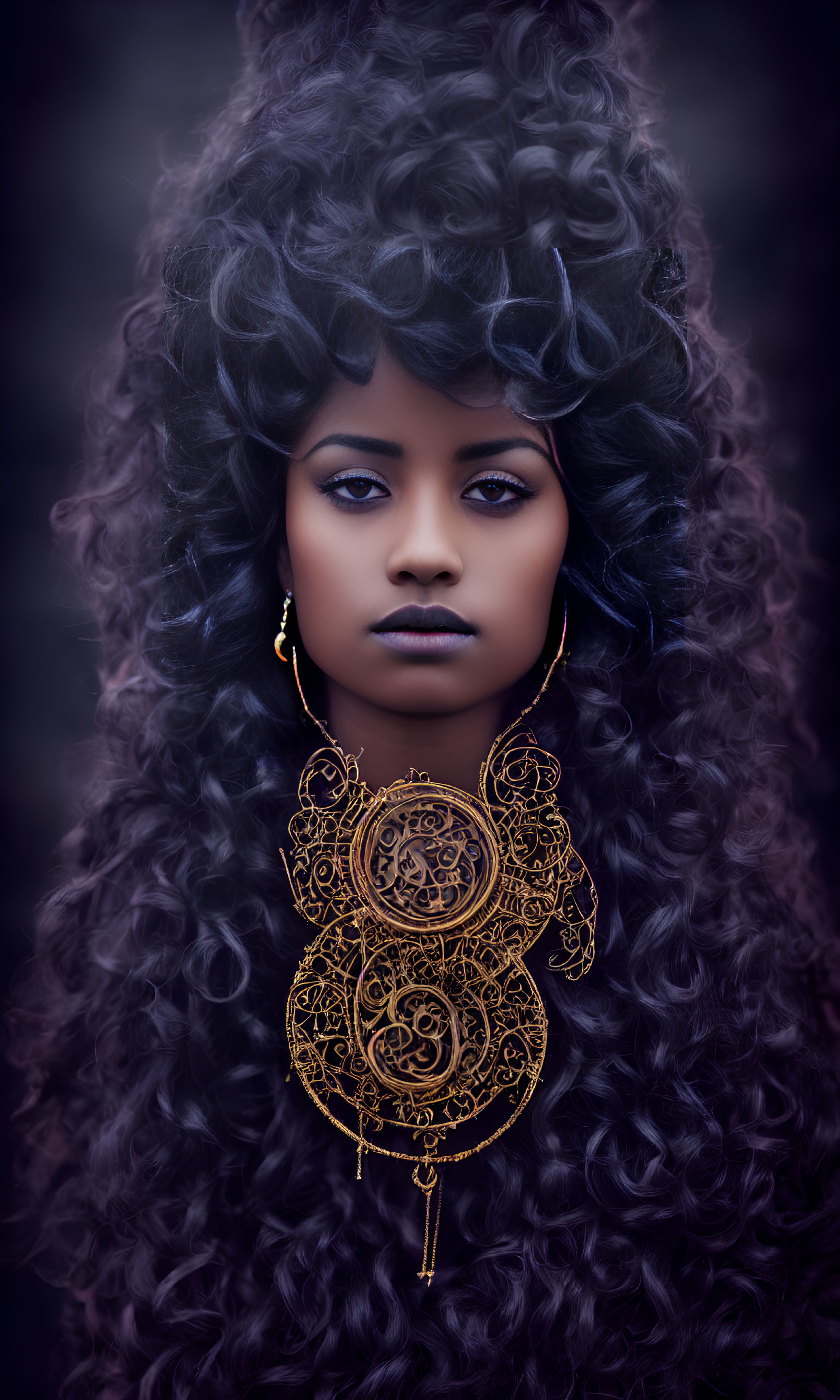 Curly black hair woman with bold makeup and golden earrings