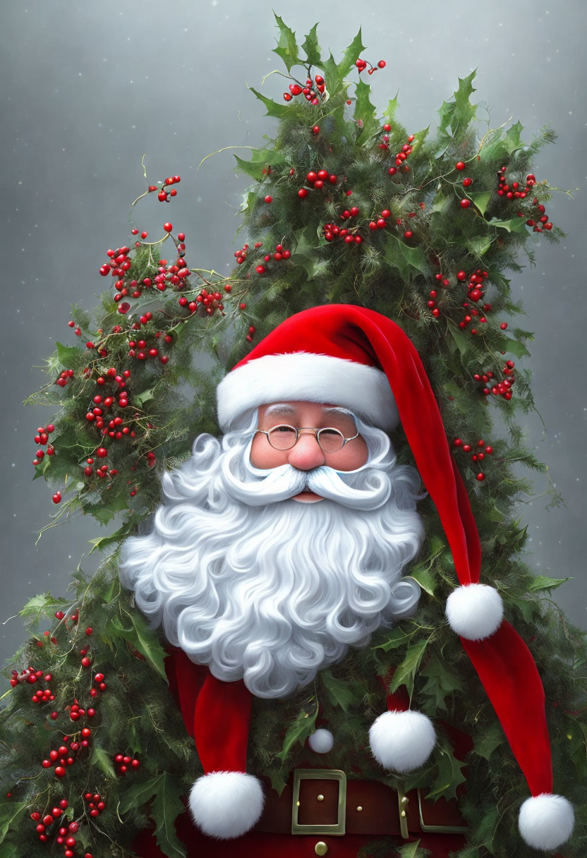 Festive Santa Claus peeking through Christmas wreath with red berries