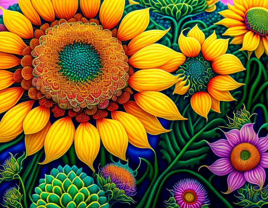 Vibrant digital artwork: stylized sunflowers & intricate blossoms on dark background