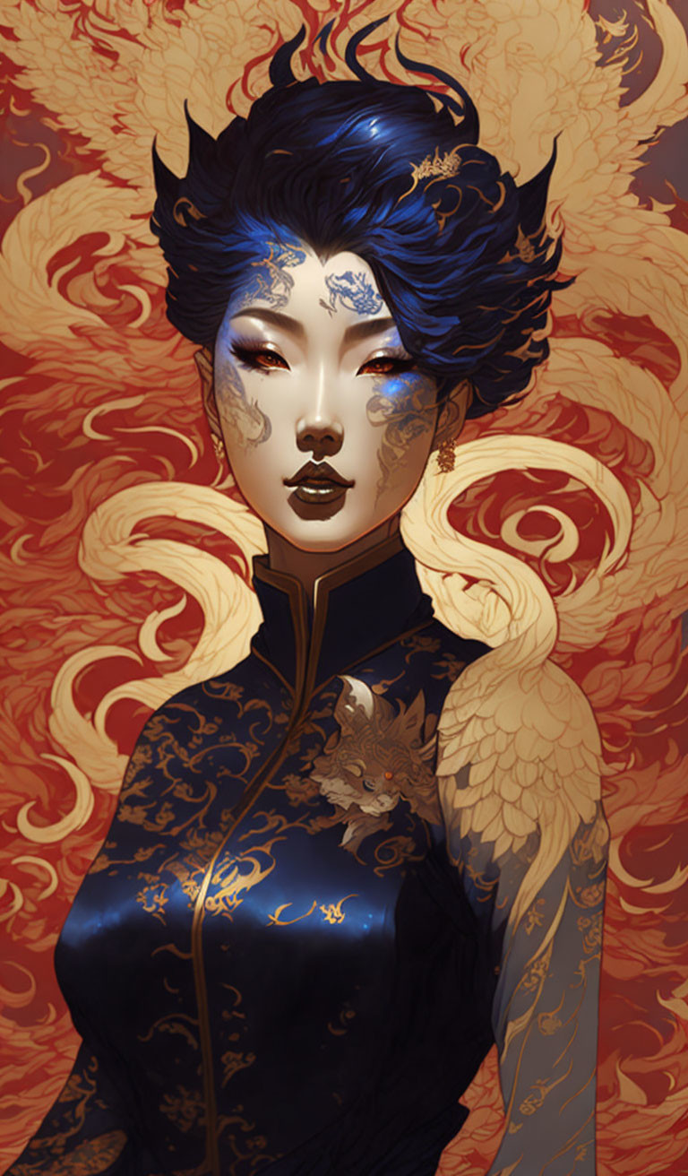 Illustrated portrait of woman with blue hair, gold makeup, black & gold attire, on fiery red