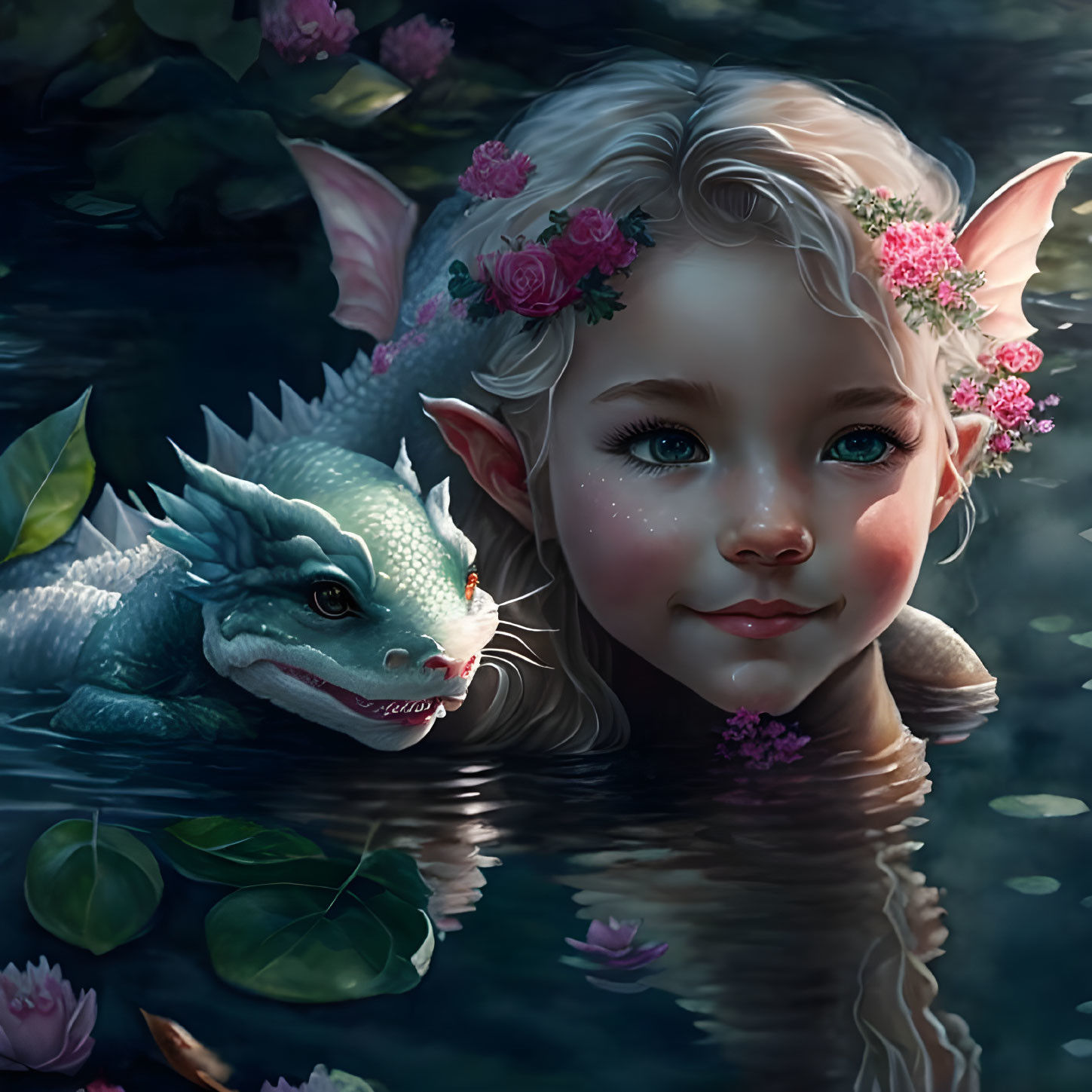 Young girl and gentle dragon in serene moonlit water scene