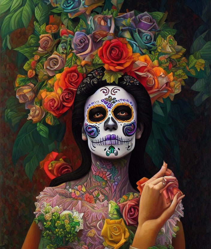 Vivid sugar skull makeup and rose headpiece portrait pose.