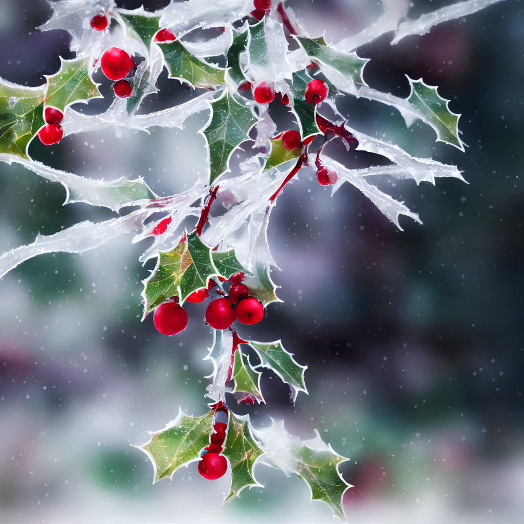 Festive winter scene: Icy holly branches and red berries in snow.