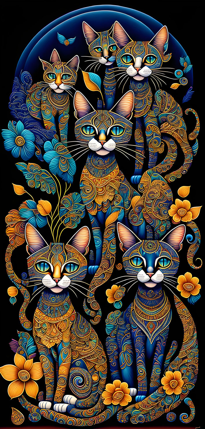 Ornate patterned cats in vertical stack on dark background