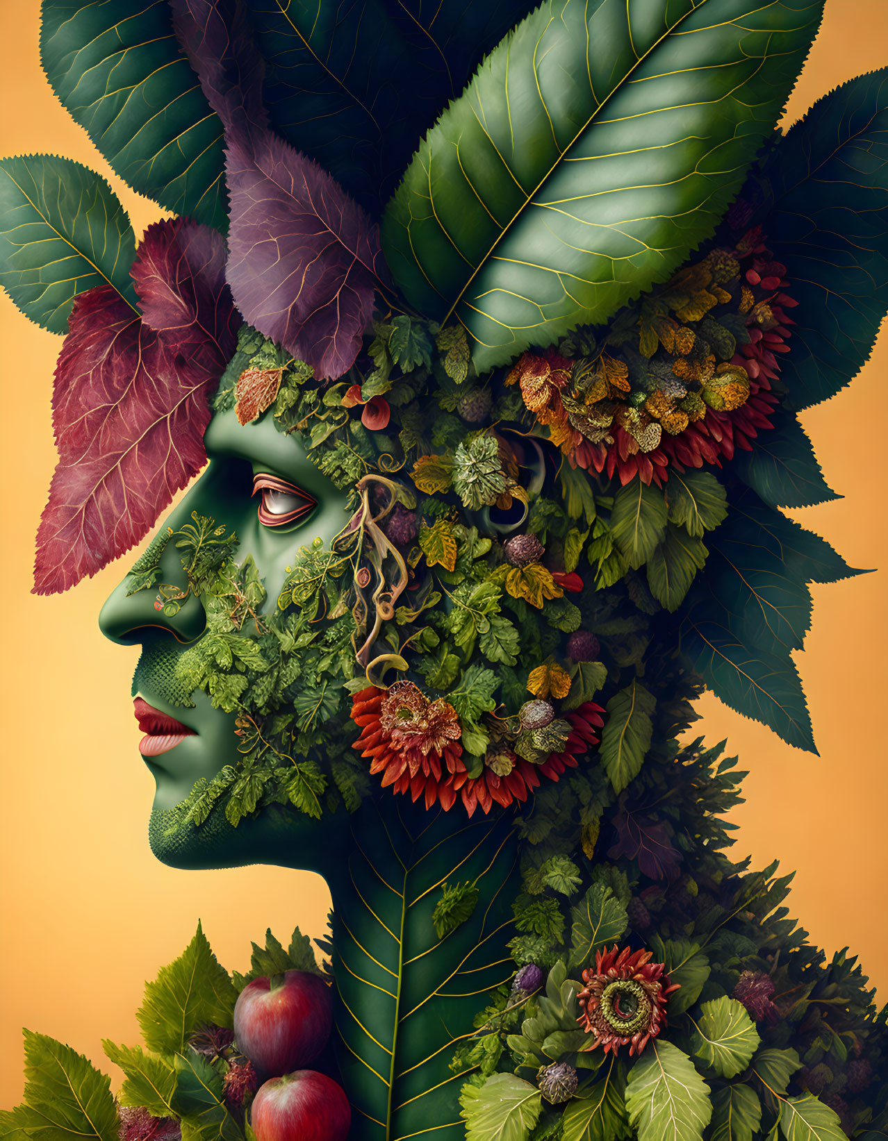 Botanical-themed digital art featuring human profile with lifelike elements