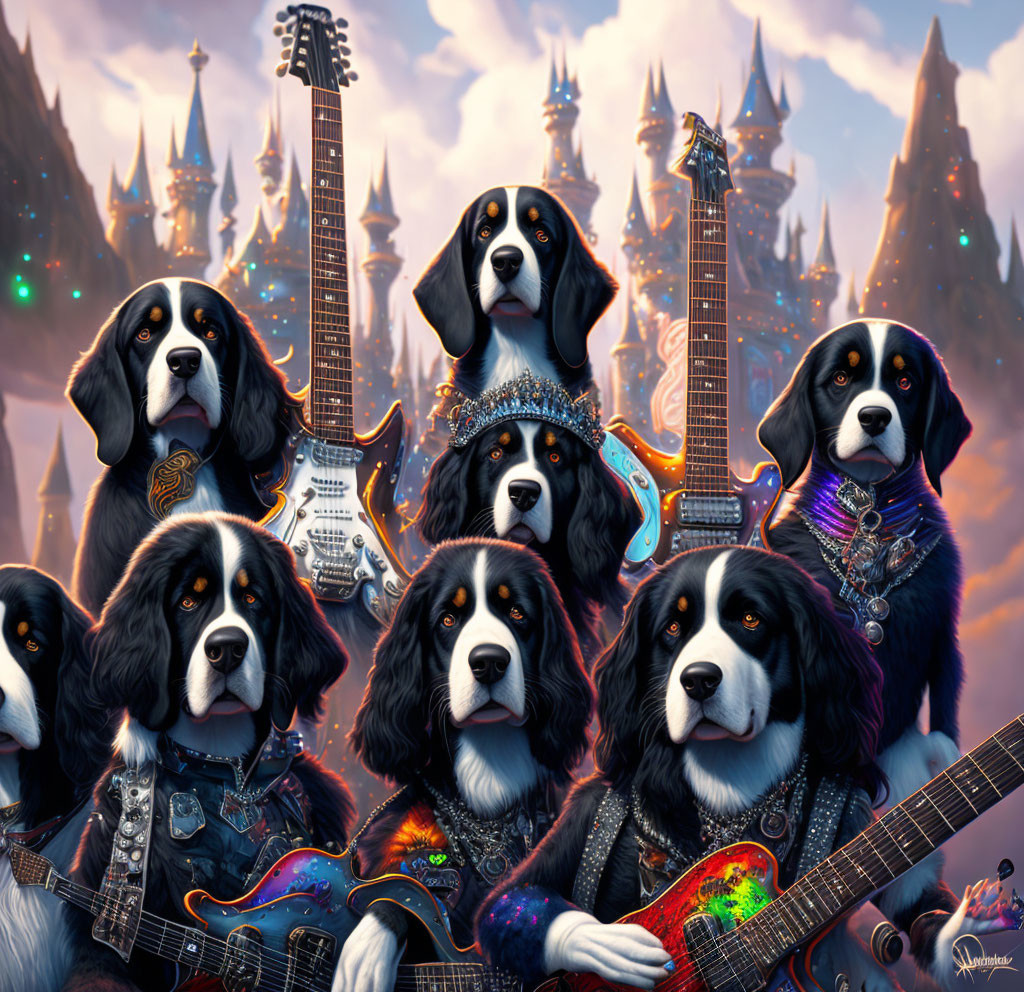 Seven dogs in rock band attire pose in front of fantasy castle.