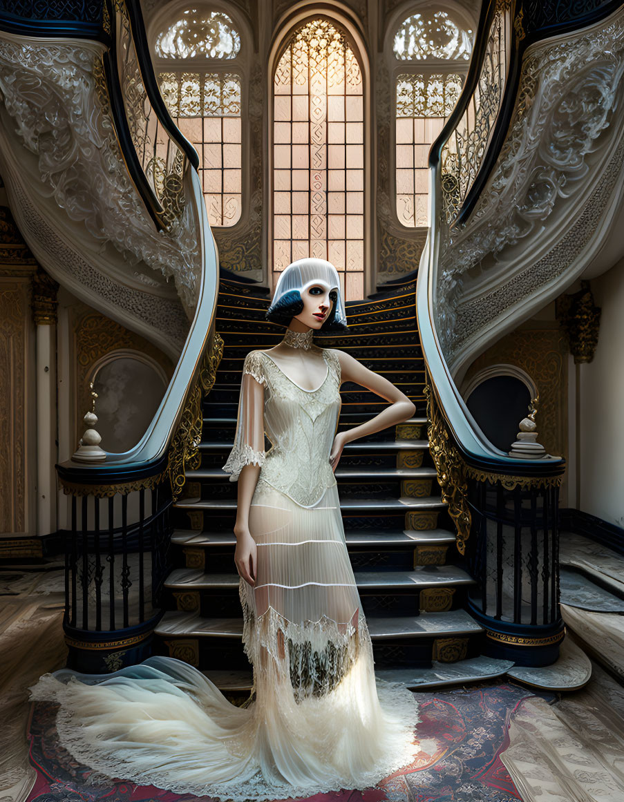 Elegant individual in white dress on ornate staircase with stained glass windows