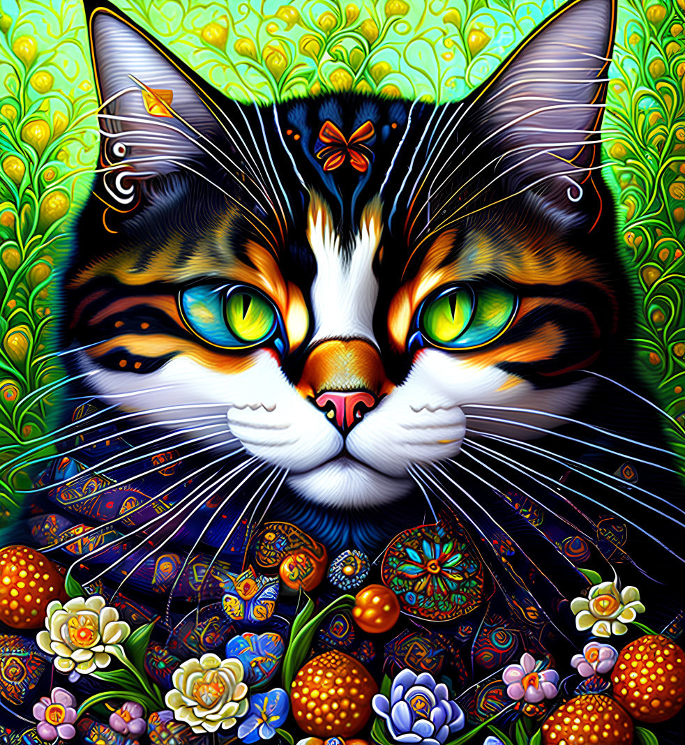 Colorful Cat Illustration with Flowers and Butterflies