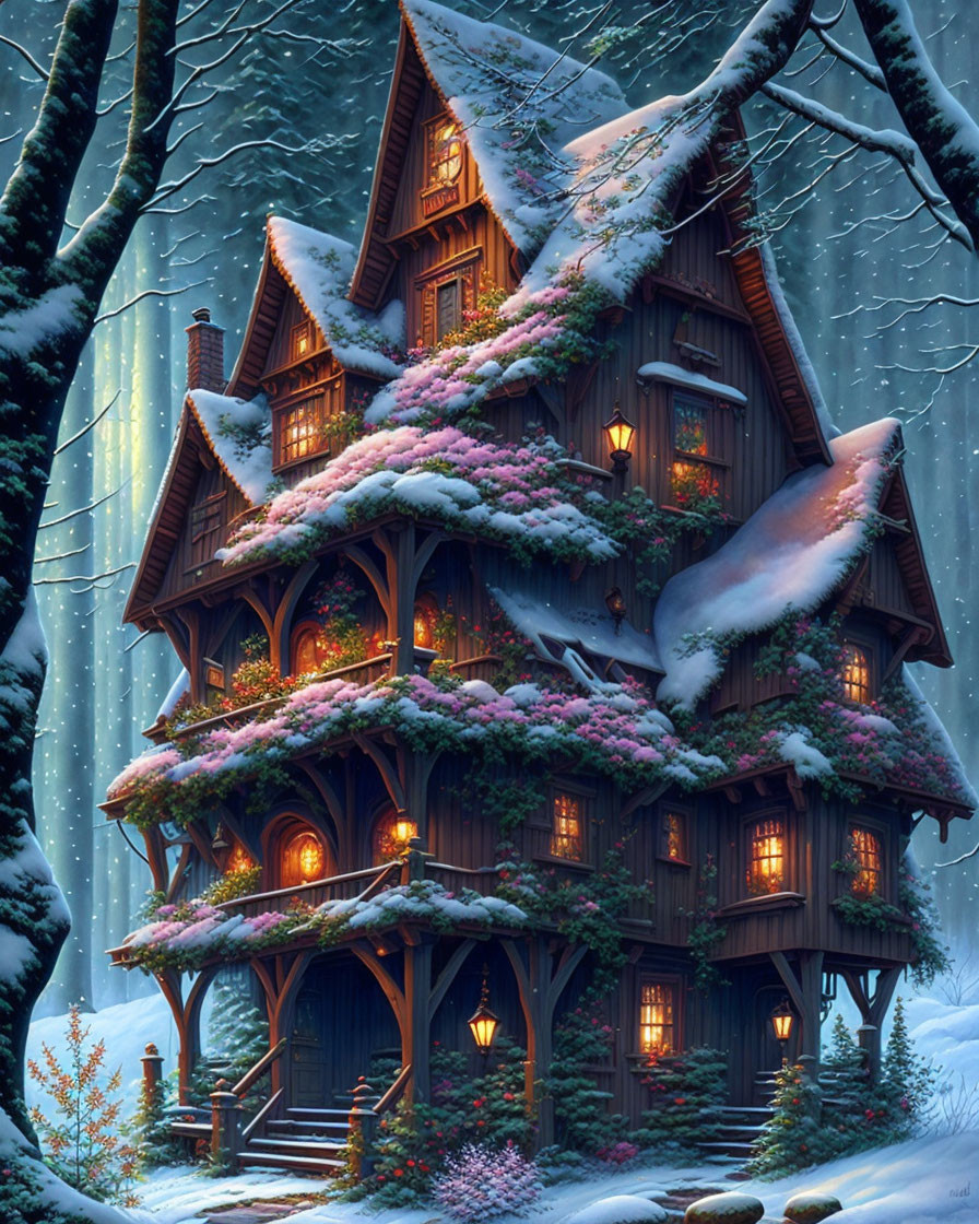 Snow-covered woodland cottage with pink flowers and warm lights in snowfall