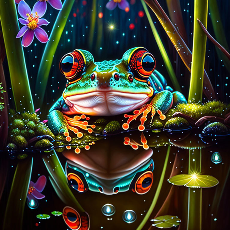 Colorful Frog Among Luminescent Plants Reflection Illustration