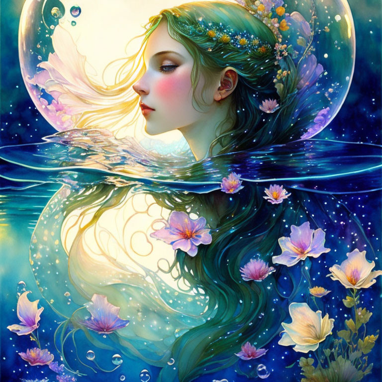 Surreal portrait of woman merging with water and cosmos