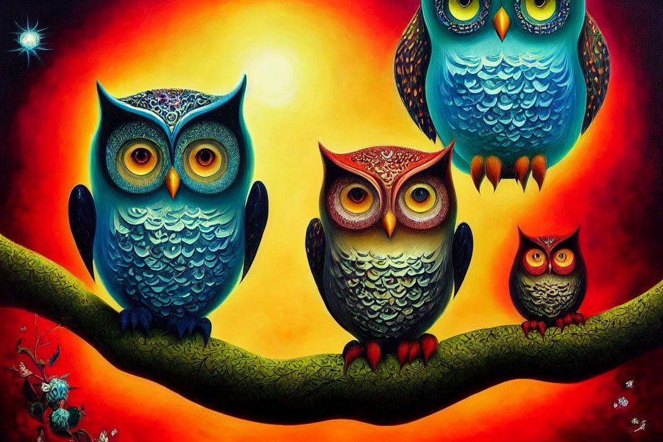 Colorful Stylized Owls Perched on Branch Against Vibrant Background