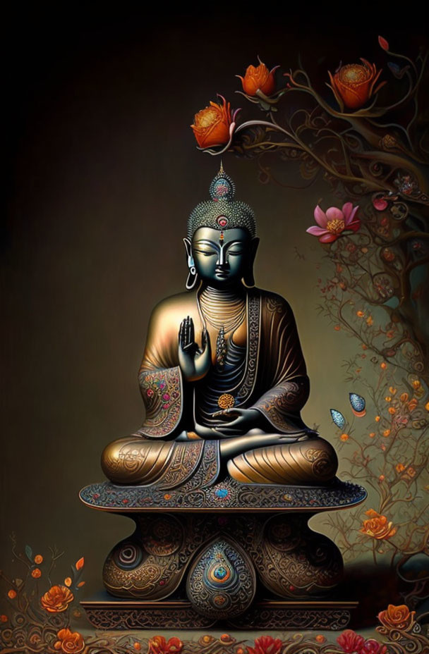 Serene Buddha in Meditation with Ornate Jewelry and Mystical Aura