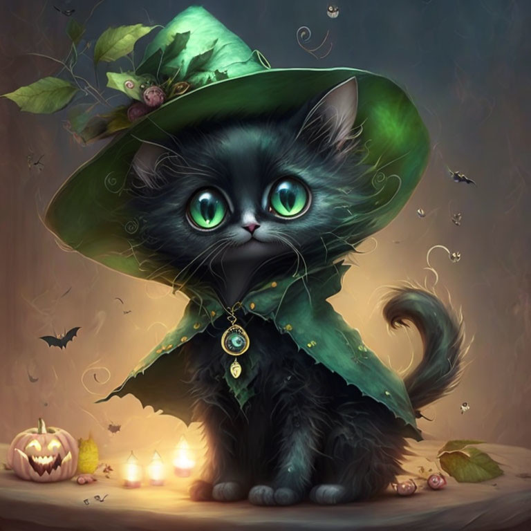 Illustrated black kitten in witch's attire among pumpkins, candles, and moths