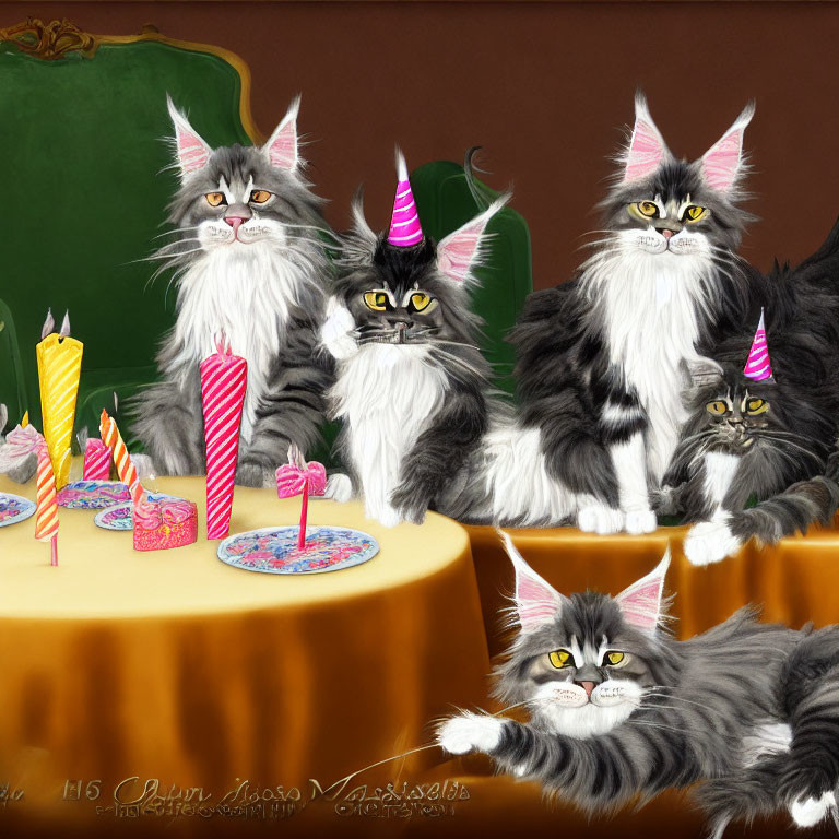 Illustrated fluffy cats with party hats celebrating around a birthday cake