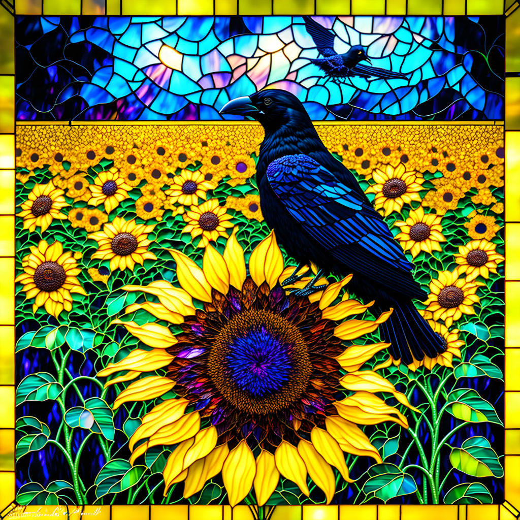 Colorful stained glass artwork of a black raven on a sunflower with blue sky