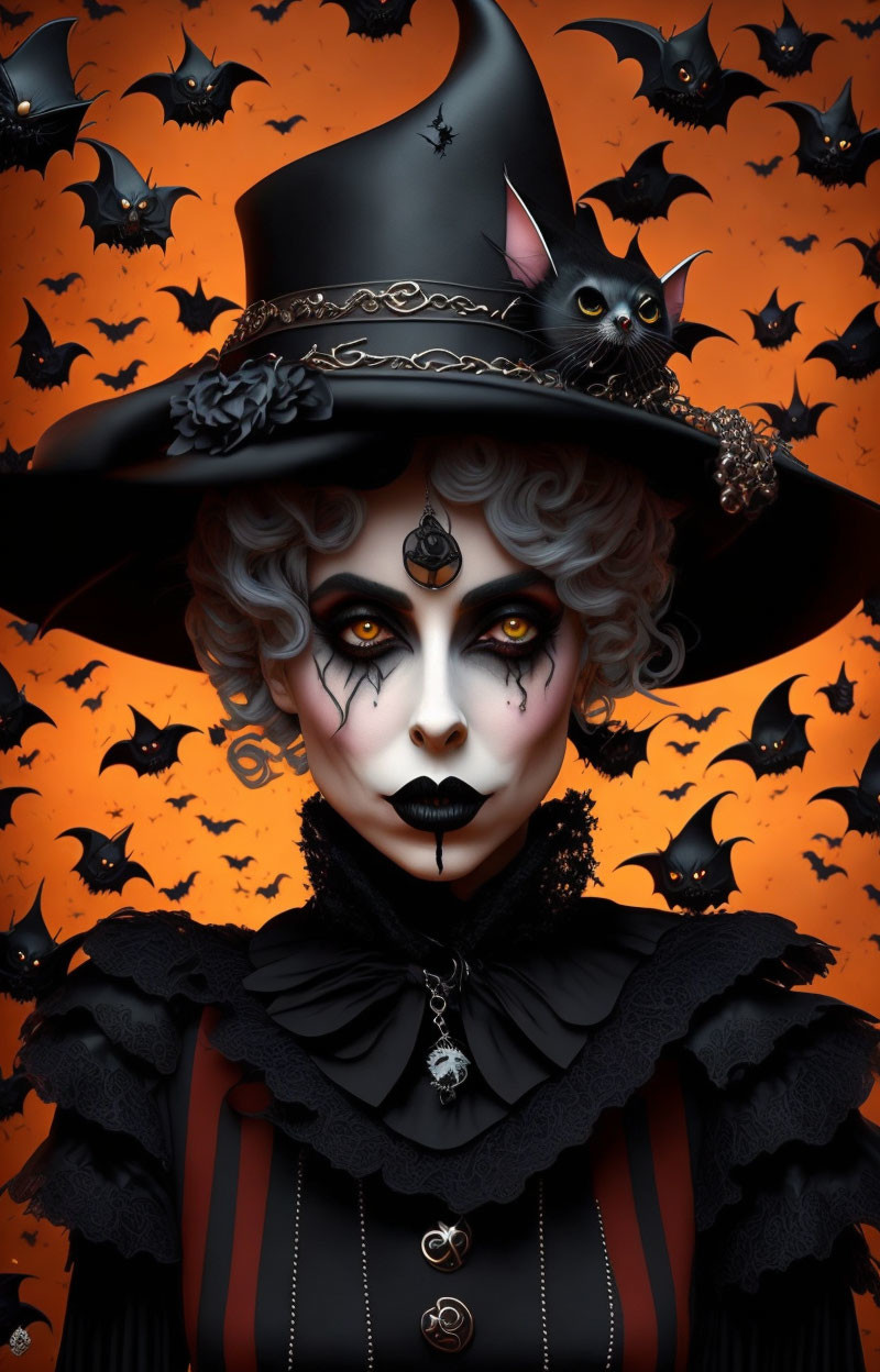 Elaborate Gothic makeup and attire with witch hat and bat motifs pose with black cat